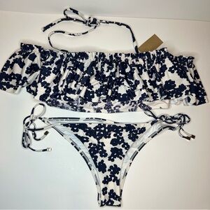 Rachel Roy 2 Piece Bikini Floral Ruffles Blue Whits Halter Large Summer Beach